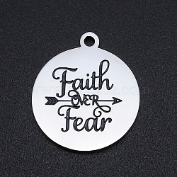 Non-Tarnish 201 Stainless Steel Etched Pendants, Quote Charms, Flat Round with Words Faith Over Fear, Arrow, Stainless Steel Color, 22x19x1.5mm, Hole: 1.8mm(STAS-N090-JN805)