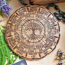 Wheel Of The Year Wood Sign, Wood Pendulum Board, for Witchcraft Wiccan Altar Supplies, Flat Round with Tree of Life Pattern, Coffee, 250mm(PW-WG68953-02)