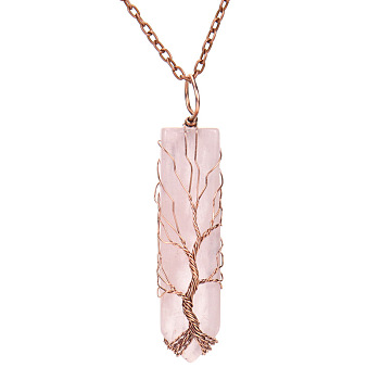 Natural Rose Quartz Bullet Copper Wire Wrapping Pendant Necklaces, Cable Chain Necklace, 20-7/8 inch(53cm)