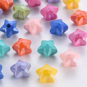 Pearlized Opaque Acrylic Beads, Faceted, Half Drilled, Star, Mixed Color, 17x17.5x13.5mm, Hole: 3.5mm