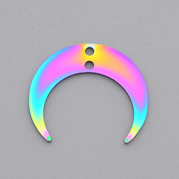 Ion Plating(IP) 201 Stainless Steel 2-Loop Link Pendants, Laser Cut, Crescent, Rainbow Color, 17x20x1mm, Hole: 1.4mm