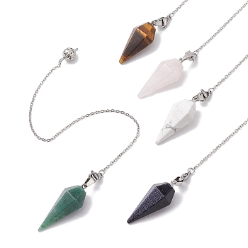 Natural & Synthetic Mixed Gemstone Pointed Dowsing Pendulums, with 304 Stainless Steel Cable Chains, Cone, 230mm, Pendants: 35~38x15x13mm