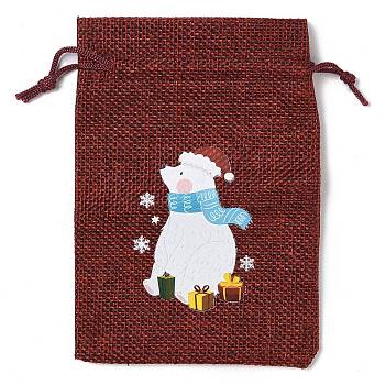 Christmas Theme Jute Cloth Storage Bags, Rectangle Drawstring Bags, FireBrick, Bear, 14x10x0.4cm