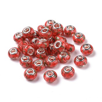 Transparent Resin European Rondelle Beads, Large Hole Beads, with Strawberry Polymer Clay and Platinum Tone Alloy Double Cores, Cerise, 14x8.5mm, Hole: 5mm