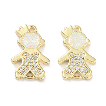 Brass Micro Pave Clear Cubic Zirconia Pendants, with Synthetic Opal and Jump Rings, Real 18K Gold Plated, Human Charms, White, 18x12x2.5mm, Hole: 3mm