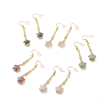Natural Gemstone Star Dangle Earrings, Brass Long Drop Earrings for Women, Golden, 51~60mm, Pin: 0.9mm