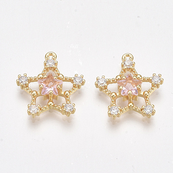 Brass Cubic Zirconia Pendants, Nickel Free, Real 18K Gold Plated, Star, Pink, 15.5x14.5x4mm, Hole: 1mm
