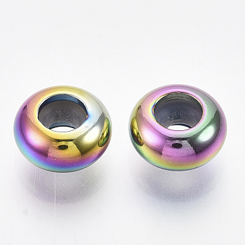 Ion Plating(IP) 201 Stainless Steel Beads, with Rubber Inside, Slider Beads, Stopper Beads, Rondelle, Rainbow Color, 8x4mm, Hole: 4mm, Rubber Hole: 2mm