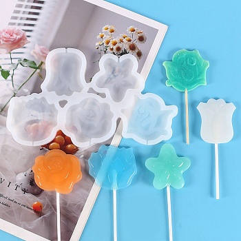 Flower Shape Food Grade Silicone Lollipop Molds, Fondant Molds, for DIY Edible Cake Topper, Chocolate, Candy, UV Resin & Epoxy Resin Jewelry Making, White, 109x185x6.5mm, Inner Diameter: 42~49x42~54mm, Fit for 2mm Stick