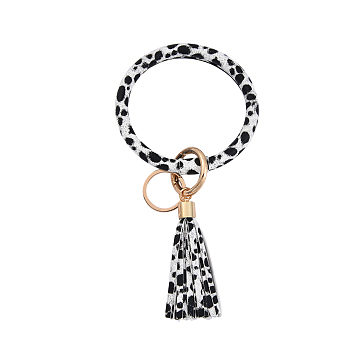 Leopard Print Pattern PU Imitaition Leather Bangle Keychains, Wristlet Keychain with Tassel & Alloy Ring, White, 200x100mm