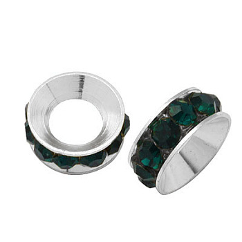 Brass Rhinestone Spacer Beads, Grade A, Rondelle, Silver Color Plated, Emerald, 10x4.2mm, Hole: 5.2~5.7mm