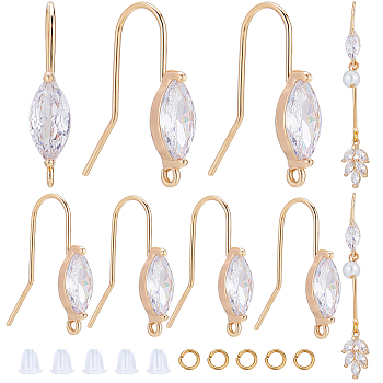 12Pcs Brass with Cubic Zirconia Earring Hooks, with 12Pcs Open Jump Rings & 12Pcs Plastic Ear Nuts, Real 18K Gold Plated, 21~23x14~17x0.7~5mm, Hole: 1.5mm