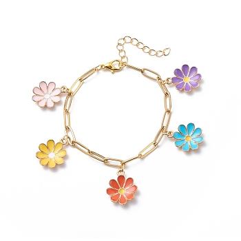 Alloy Enamel Flower Charm Bracelet with Paperclip Chains, Gold Plated 304 Stainless Steel Jewelry for Women, Colorful, 6-7/8 inch(17.6cm)