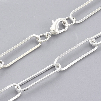 Brass Flat Oval Paperclip Chain Necklace Making, with Lobster Claw Clasps, Silver, 24.4 inch(62cm), Link: 22x6x1mm