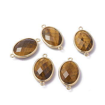 Golden Tone Brass Tiger Eye Links, Faceted, Oval, 26x15x6mm, Hole: 1~2mm