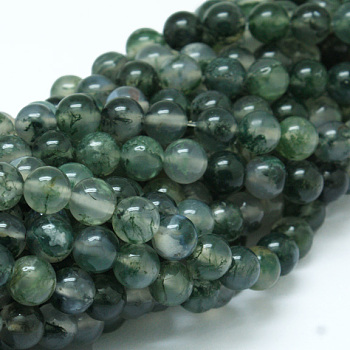 Natural Moss Agate Bead Strands, Round, Grade A, 8mm, Hole: 1mm, about 47pcs/strand, 15 inch