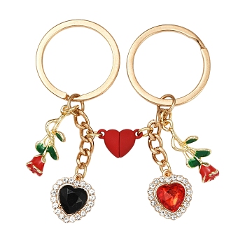 Valentine's Day Alloy Rhinestone Keychain, with Mmagnet and Iron Rings, Heart Flower, Golden, 75mm
