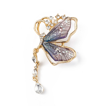 Resin Butterfly Brooch Pin with Crystal Rhinestone, Light Gold Alloy Badge for Women, Light Steel Blue, 68.5x38.5x13mm, Pin: 0.8mm