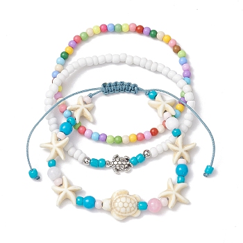 3Pcs 3 Styles Starfish & Turtle Synthetic Turquoise Braided Bead Bracelet Sets, Summer Beach Acrylic Beaded Stretch Stackable Bracelets for Women, Mixed Color, Inner Diameter: 2-1/8 inch(5.5cm), 1pc/style