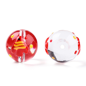 Transparent Handmade Lampwork Beads, Round with Fish Pattern, Red, 17x16x15mm, Hole: 1.8~2mm