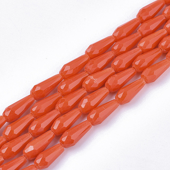 Opaque Solid Color Glass Beads Strands, Imitation Jade, Faceted, Teardrop, Orange Red, 9~10x4mm, Hole: 1mm, about 72pcs/Strand, 26.38~27.17 inch(67~69cm)