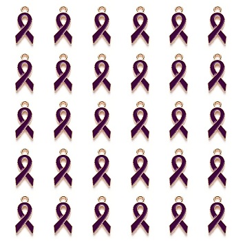 Alloy Enamel Pendants, Awareness Ribbon Shape, Light Gold Plated, Purple, 20x10x2mm, Hole: 2mm