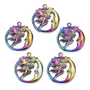 Alloy Pendants, Cadmium Free & Nickel Free & Lead Free, Moon with Fairy, Rainbow Color, 30.5x26.5x2.5mm, Hole: 1.8mm