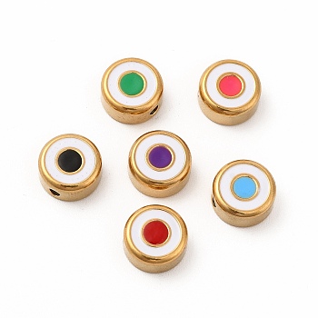Eco-Friendly 304 Stainless Steel Beads, with Enamel, Flat Round with Evil Eye, Golden, Mixed Color, 8x4mm, Hole: 1.5mm