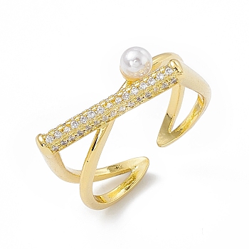 Rack Plating Eco-Friendly Brass Micro Pave Clear Cubic Zirconia Rings, with Plastic Imitation Pearl, Long-Lasting Plated, Lead Free & Cadmium Free, Criss Cross Ring, Cuff Ring, Real 18K Gold Plated, 3~6.5mm, Inner Diameter: 18mm