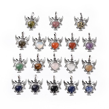 Natural & Synthetic Mixed Gemstone Pendants, Eagle with Heart Charms, with Rack Plating Platinum Tone Brass Findings, 36.5x33.3x6~7mm, Hole: 8x5mm