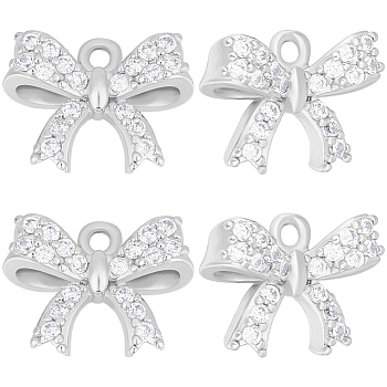 12Pcs Rack Plating Brass Micro Pave Cubic Zirconia Charms, Long-Lasting Plated, Bowknot, Platinum, 10x13x5mm, Hole: 1.2mm
