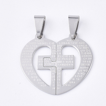 201 Stainless Steel Split Pendants, Quote Pendants, Heart with Cross, Stainless Steel Color, 27x31x1mm, Hole: 8x4mm