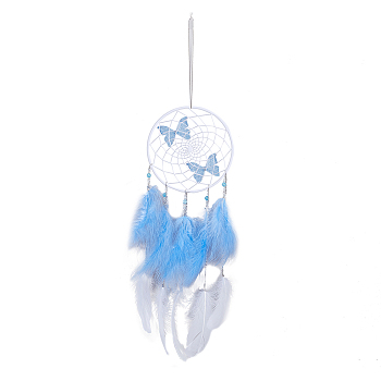 Woven Net/Web with Feather & Butterfly Pendant Decorations, Cotton Wrapped Iron Hanging Ornament, Sky Blue, 660mm, 1pc/box
