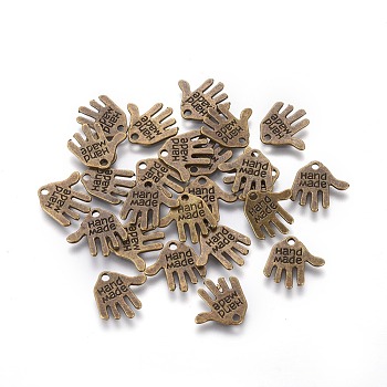 Tibetan Style Alloy Charms, Hand Palm with Word Hand Made, Antique Bronze, Cadmium Free & Lead Free, 12.5x13x1mm, Hole: 1mm