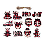 Christmas UV Single Face Printed Wood Pendant Decorations, Mixed Shapes, Jute Rope Hanging Decorations, Laser Cut Wood Shapes, Dark Red, 47~79x56.5~80x2mm, Hole: 2.5mm(WOOD-N020-32)