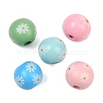Printed Wood European Beads, Round with Flower Pattern, Large Hole Beads, Mixed Color, 16~16.5x14.5mm, Hole: 4.5mm(WOOD-G029-07)