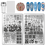 2Pcs 304 Stainless Steel DIY Nail Art Templates, Template Tool, with 1Pc Plastic Nail Art Image Templates, Mixed Shapes, 6.3~14.5x3.15~9.5cm(MRMJ-PH0003-12)