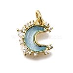 Brass Micro Pave Clear Cubic Zirconia with Glass Charms, Moon, Cadmium Free & Lead Free, Long-Lasting Plated, Rack Plating, with Jump Ring, Light Sky Blue, 13.5x11.5x3mm, Hole: 3.5mm(X1-KK-G525-06G-01)