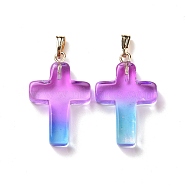 Two Tone Transparent Glass Pendants, with Golden Plated Iron Findings, Cross, Deep Sky Blue, 28.5x18x4.5mm, Hole: 5.5x3mm(GLAA-A004-02F)