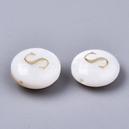 Natural Freshwater Shell Beads, with Golden Plated Brass Etched Metal Embellishments, Flat Round, Seashell Color, Letter.S, 8x3~5mm, Hole: 0.5~07mm(SHEL-S266-12S)