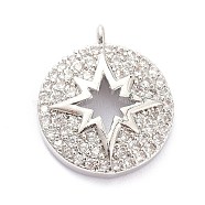 Brass Micro Pave Clear Cubic Zirconia Pendants, Long-Lasting Plated, Flat Round with Star, Real Platinum Plated, 16x14x3mm, Hole: 1.2mm(ZIRC-L091-088P)