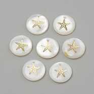 Freshwater Shell Pendants, Flat Round & Starfish/Sea Stars, Golden, 16x3.5~4mm, Hole: 1.2mm(SHEL-Q010-001G)