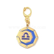 304 Stainless Steel Enamel Pendant Decoration, with Clear Cubic Zirconia, Octagon with Constellations, Golden, Libra, 35.5mm(STAS-S168-01G-07)