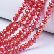 Electroplate Glass Beads Strands, Opaque Solid Color, AB Color Plated, Faceted, Rondelle, Red, 6x5mm, Hole: 1mm, about 85~88pcs/strand, 16.1~16.5 inch(41~42cm)(EGLA-A034-P6mm-B06)
