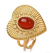 Oval Natural Carnelian Finger Rings, Heart Shape Golden Tone 304 Stainless Steel Open Cuff Rings for Women, Inner Diameter: adjustable(RJEW-Q822-21G-03)