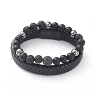 Unisex Stackable Bracelets Sets, Natural Lava Rock & Agate Beads, Brass Cubic Zirconia Beads, Non-Magnetic Synthetic Hematite Beads, Leather Cord, 304 Stainless Steel Magnetic Clasps and Cardboard Box, 2-1/8 inch(5.5cm), 8-1/4 inch(21cm), 2pcs/set(BJEW-JB04896-01)
