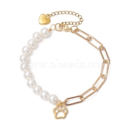 Imitation Pearl Acrylic & Iron Paperclip Chain Bracelets, Paw Print Charm Bracelets for Women, Golden, 8-1/2 inch(21.5cm)(BJEW-JB10393)