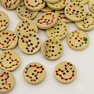 Wooden Buttons, with Nylon Cord, Undyed, 2-Hole, Flat Round with Mouse Head, Wheat, 20x20x4mm, Hole: 2mm(X-BUTT-N004-01)