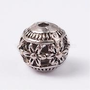 Round with Flower Tibetan Style Alloy Hollow Beads, Antique Silver, 11x10mm, Hole: 2mm(TIBEB-AD-45909-AS)