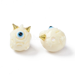Halloween Opaque Resin Beads, with Golden Tone Alloy Horns, Single-Eye Monster, Beige, 13x10.5x12mm, Hole: 1.8mm(RESI-F033-01B)